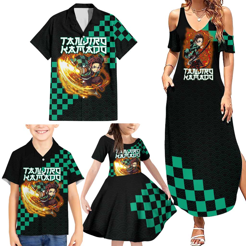 Tanjiro Kamado Demon Slayer Family Matching Summer Maxi Dress and Hawaiian Shirt Fiery Checkered Anime Wave Style