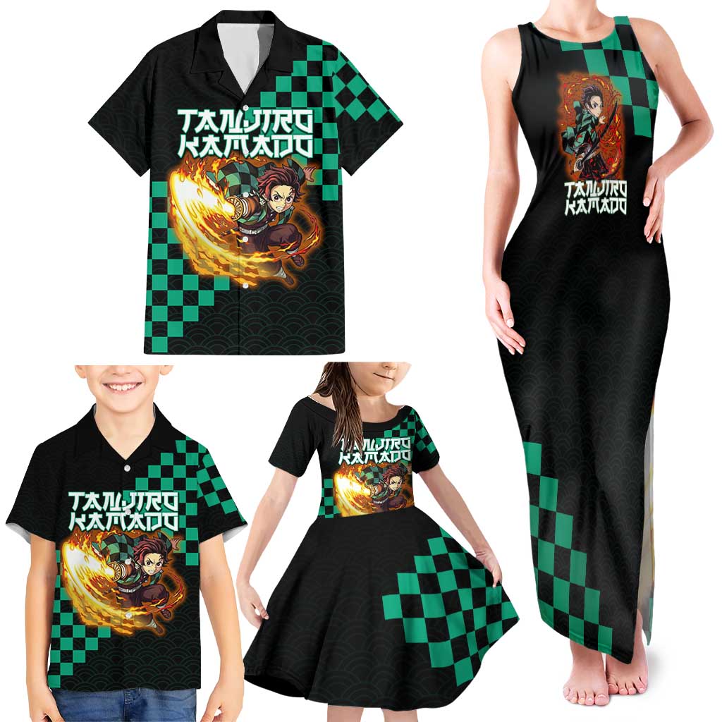 Tanjiro Kamado Demon Slayer Family Matching Tank Maxi Dress and Hawaiian Shirt Fiery Checkered Anime Wave Style