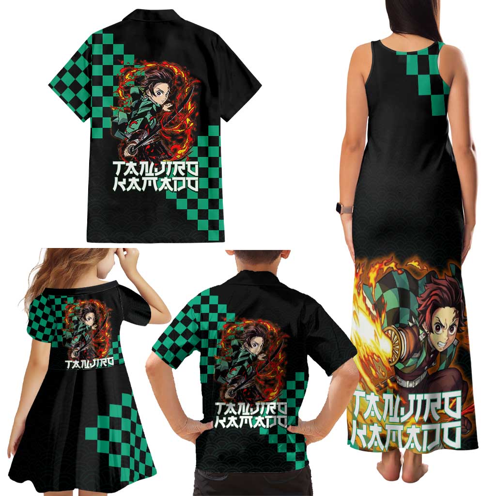 Tanjiro Kamado Demon Slayer Family Matching Tank Maxi Dress and Hawaiian Shirt Fiery Checkered Anime Wave Style
