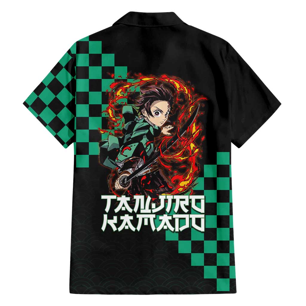 Tanjiro Kamado Demon Slayer Family Matching Tank Maxi Dress and Hawaiian Shirt Fiery Checkered Anime Wave Style