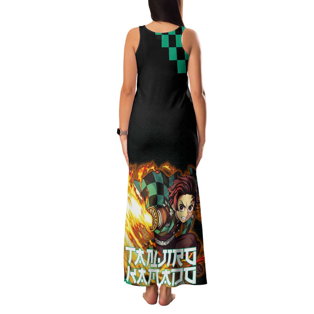 Tanjiro Kamado Demon Slayer Family Matching Tank Maxi Dress and Hawaiian Shirt Fiery Checkered Anime Wave Style