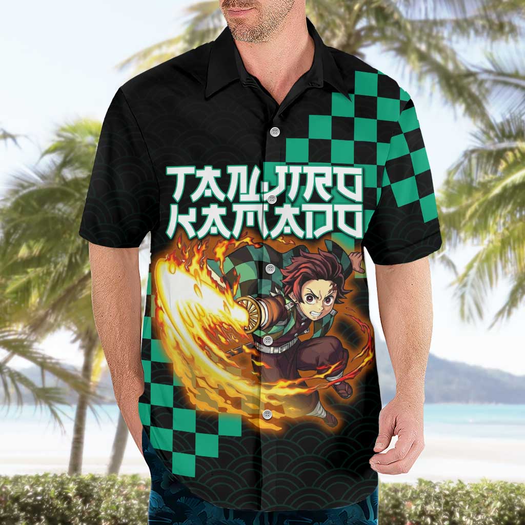 Tanjiro Kamado Demon Slayer Hawaiian Shirt Fiery Checkered Anime Wave Style
