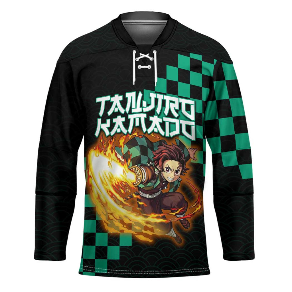 Tanjiro Kamado Demon Slayer Hockey Jersey Fiery Checkered Anime Wave Style