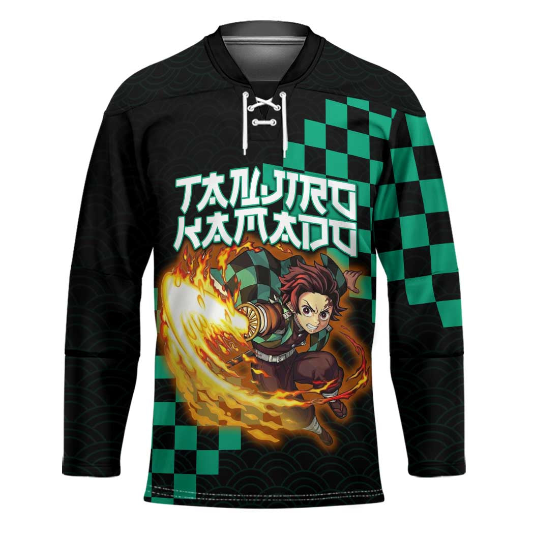 Tanjiro Kamado Demon Slayer Hockey Jersey Fiery Checkered Anime Wave Style