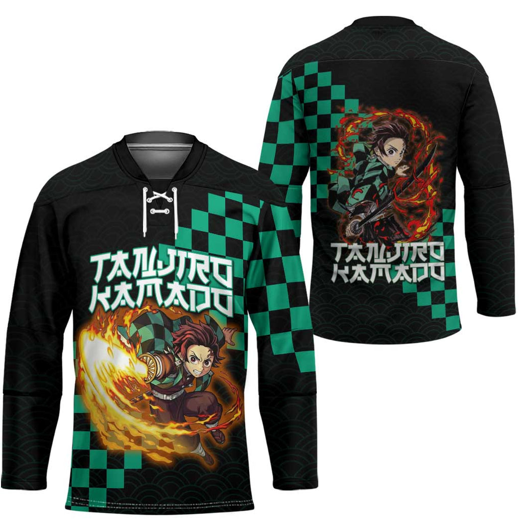 Tanjiro Kamado Demon Slayer Hockey Jersey Fiery Checkered Anime Wave Style