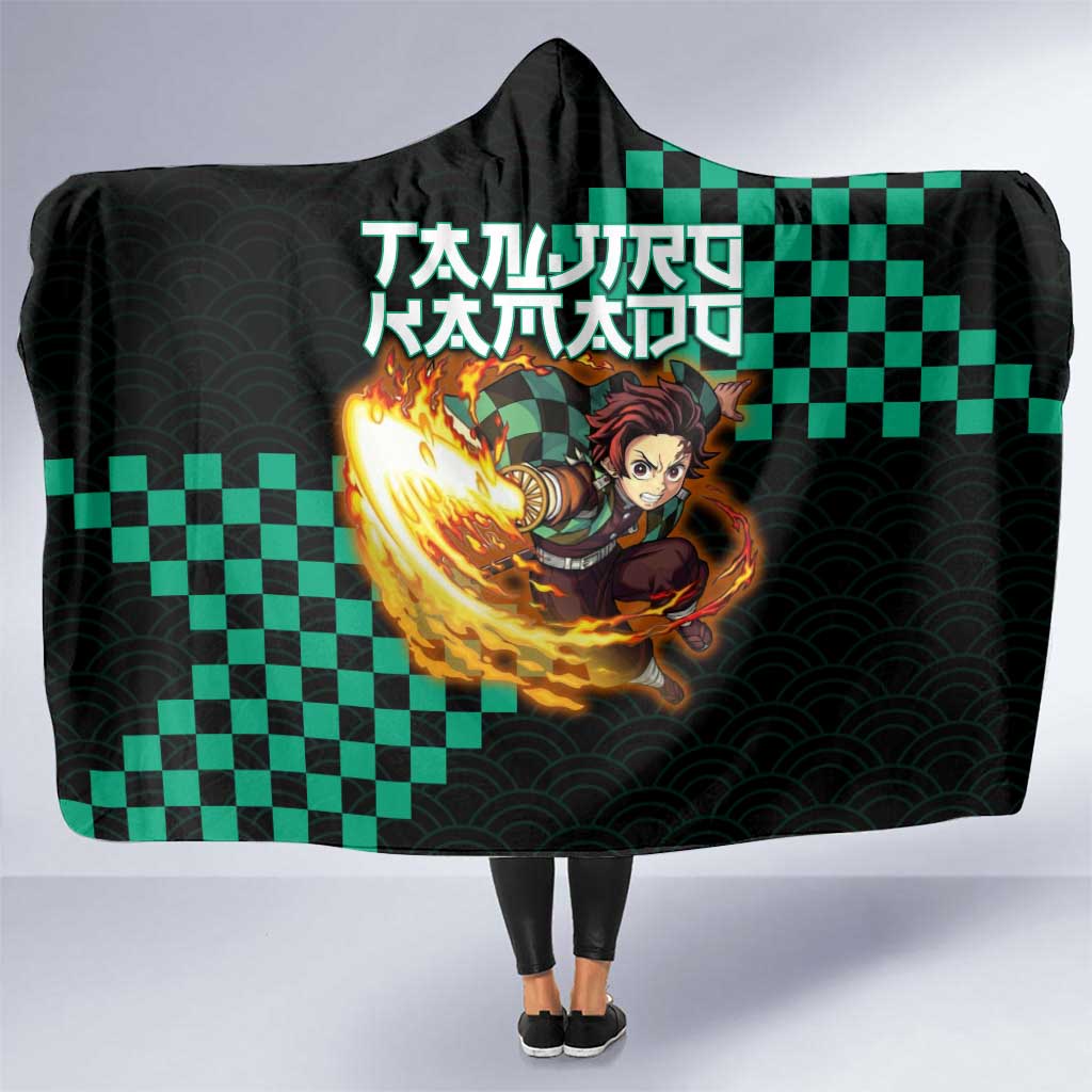 Tanjiro Kamado Demon Slayer Hooded Blanket Fiery Checkered Anime Wave Style