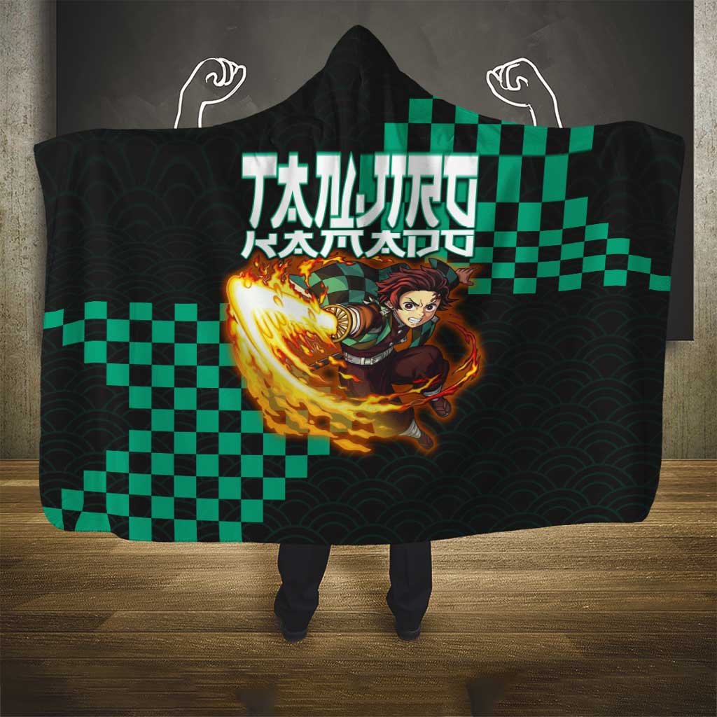 Tanjiro Kamado Demon Slayer Hooded Blanket Fiery Checkered Anime Wave Style