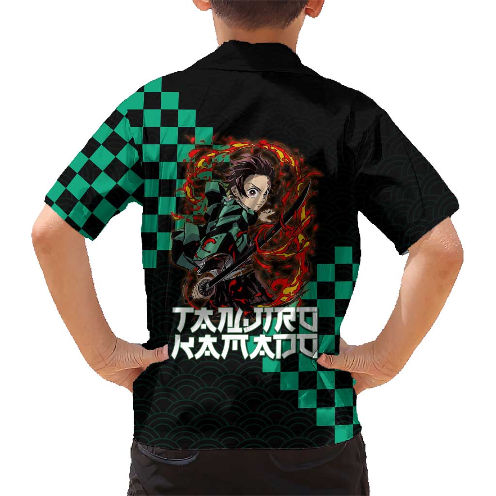 Tanjiro Kamado Demon Slayer Kid Hawaiian Shirt Fiery Checkered Anime Wave Style