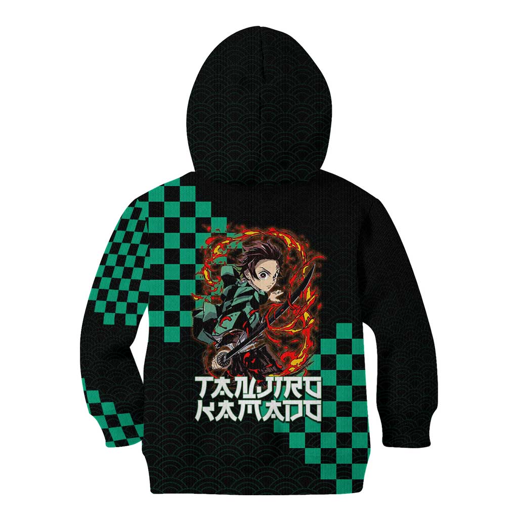 Tanjiro Kamado Demon Slayer Kid Hoodie Fiery Checkered Anime Wave Style