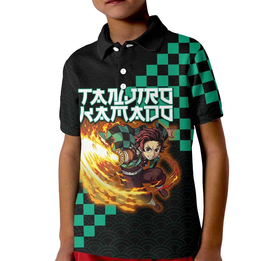 Tanjiro Kamado Demon Slayer Kid Polo Shirt Fiery Checkered Anime Wave Style