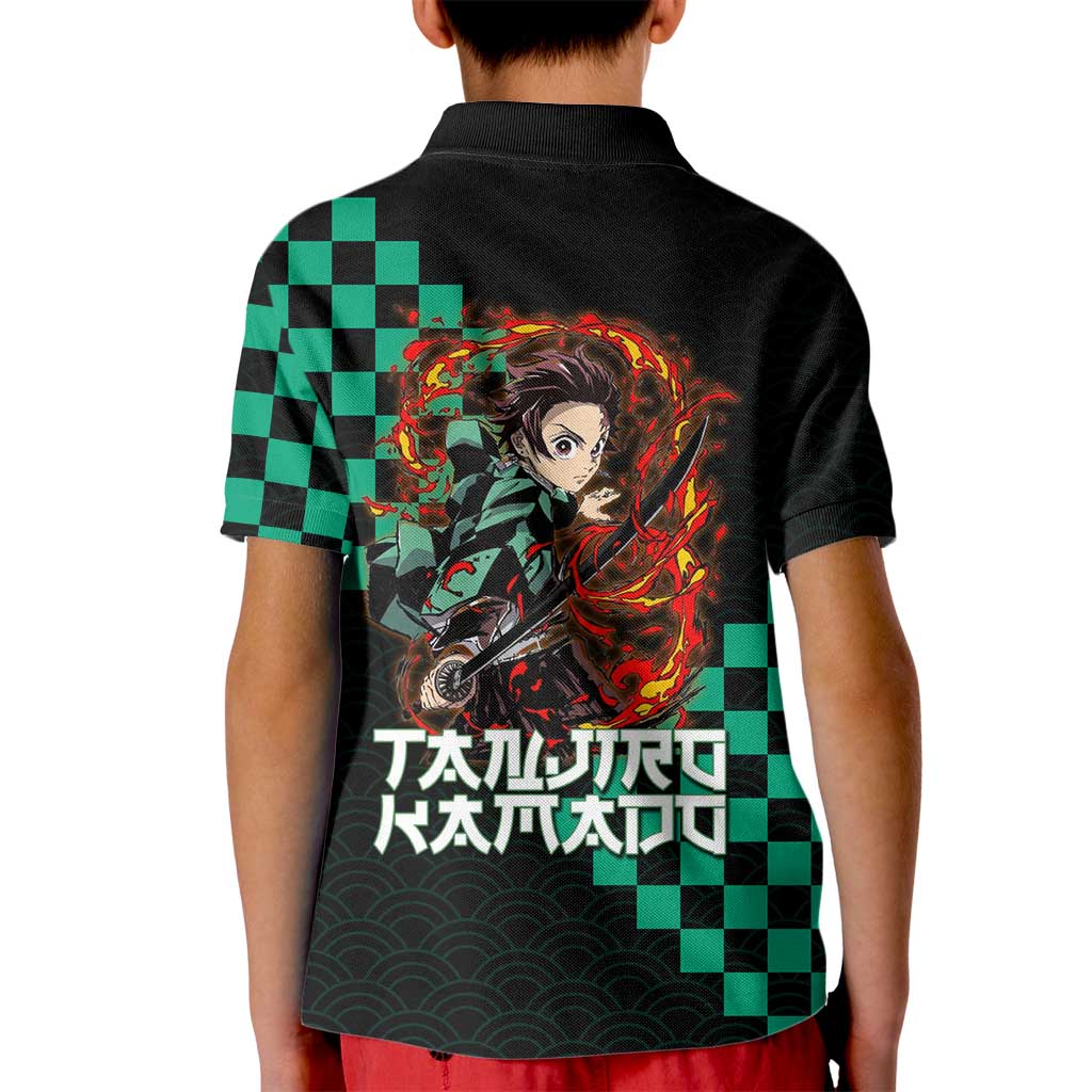 Tanjiro Kamado Demon Slayer Kid Polo Shirt Fiery Checkered Anime Wave Style