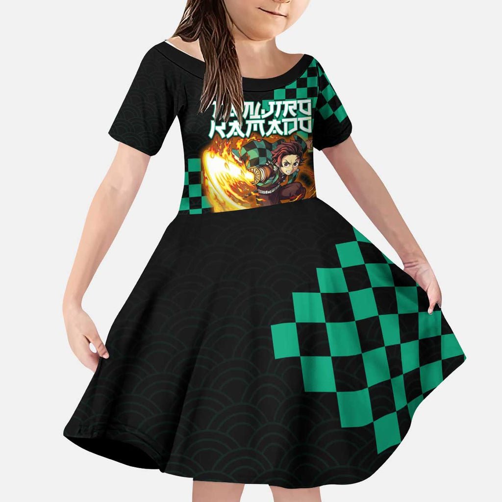 Tanjiro Kamado Demon Slayer Kid Short Sleeve Dress Fiery Checkered Anime Wave Style