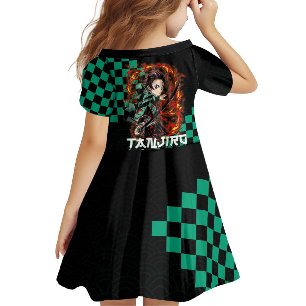 Tanjiro Kamado Demon Slayer Kid Short Sleeve Dress Fiery Checkered Anime Wave Style