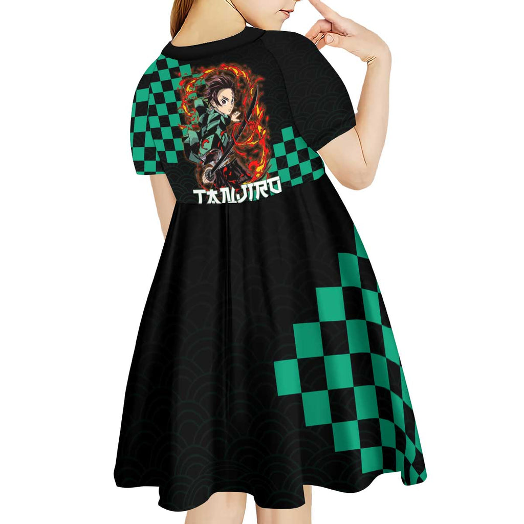 Tanjiro Kamado Demon Slayer Kid Short Sleeve Dress Fiery Checkered Anime Wave Style
