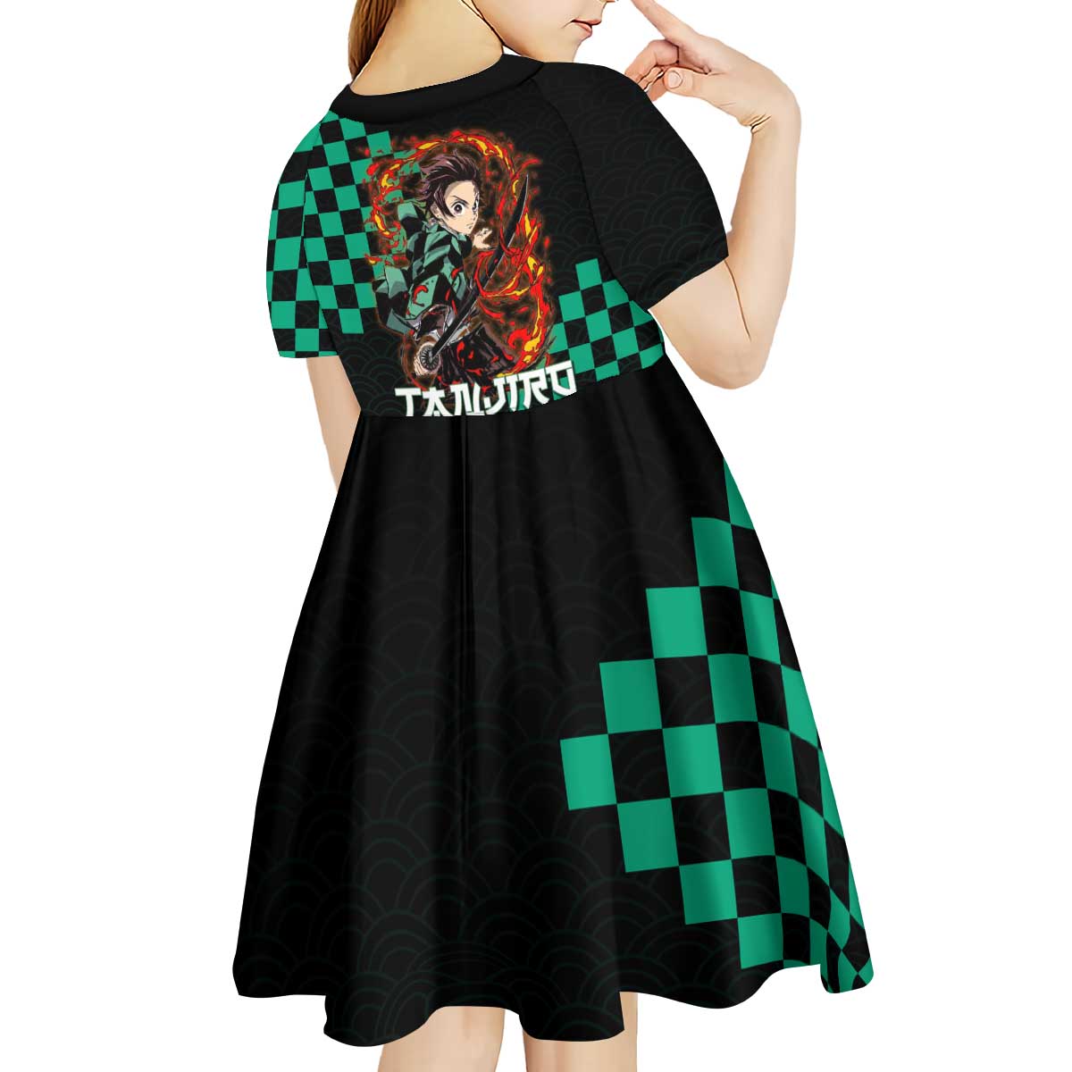 Tanjiro Kamado Demon Slayer Kid Short Sleeve Dress Fiery Checkered Anime Wave Style