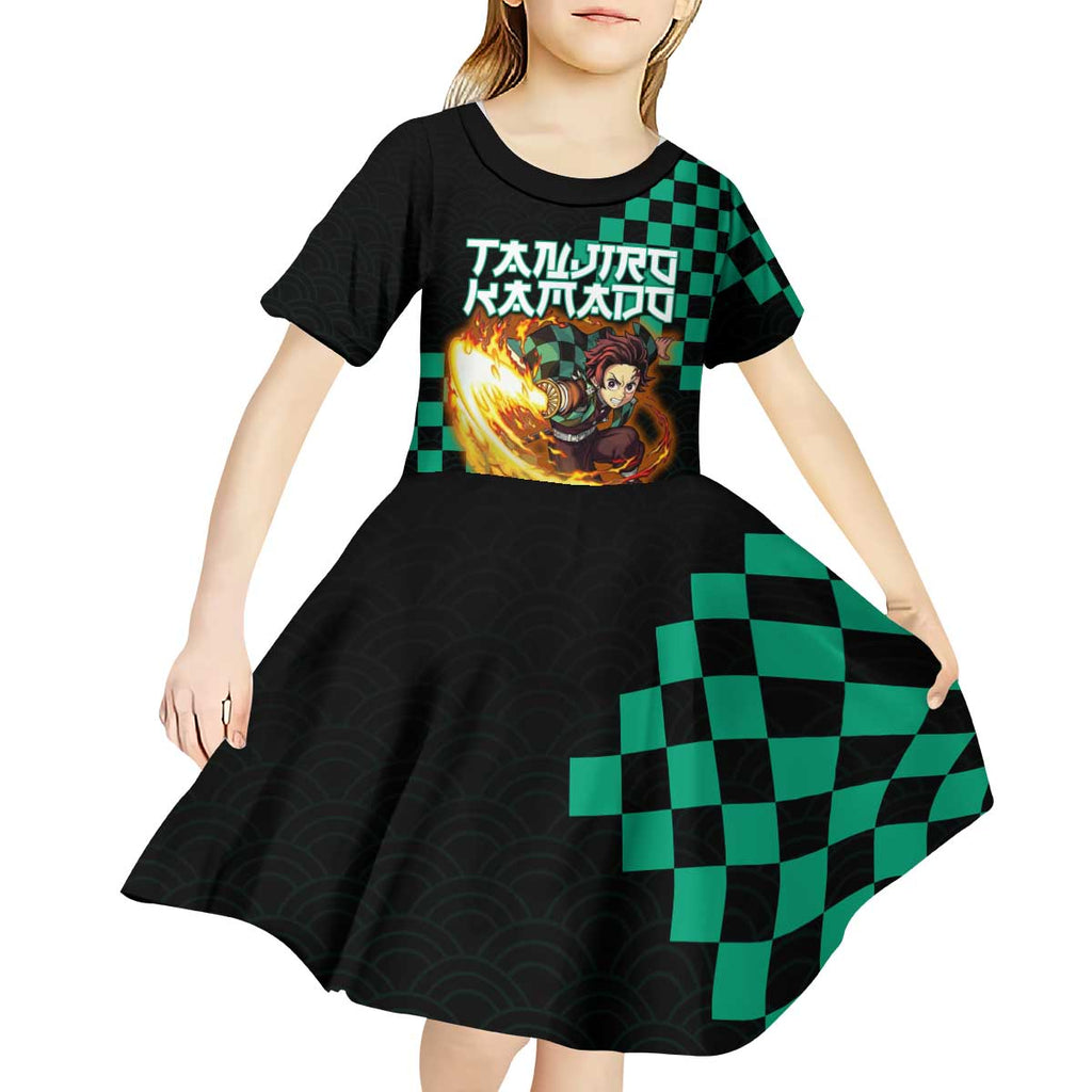 Tanjiro Kamado Demon Slayer Kid Short Sleeve Dress Fiery Checkered Anime Wave Style