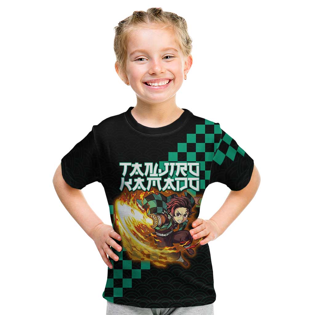 Tanjiro Kamado Demon Slayer Kid T Shirt Fiery Checkered Anime Wave Style