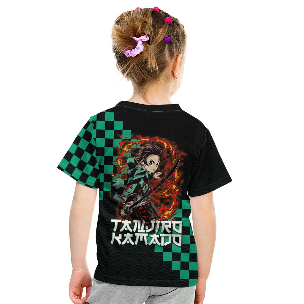 Tanjiro Kamado Demon Slayer Kid T Shirt Fiery Checkered Anime Wave Style