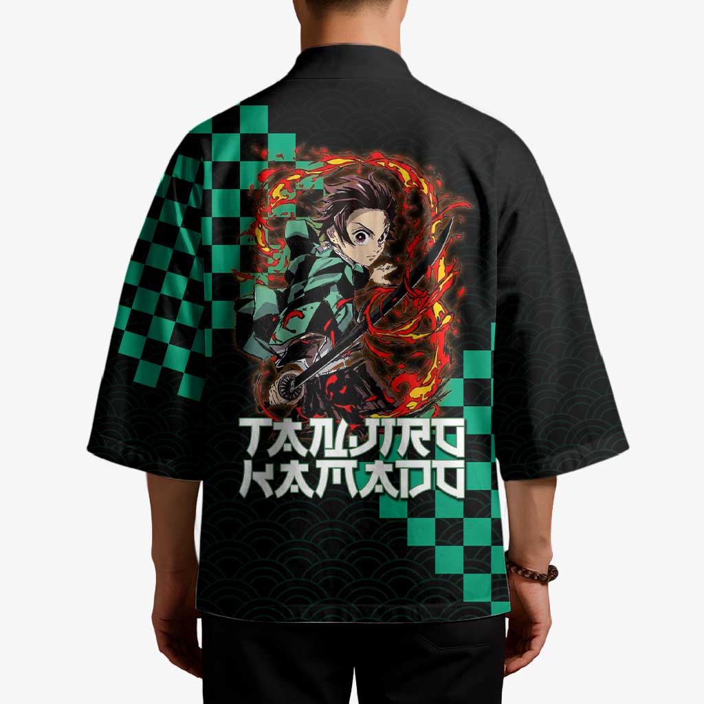 Tanjiro Kamado Demon Slayer Kimono Fiery Checkered Anime Wave Style