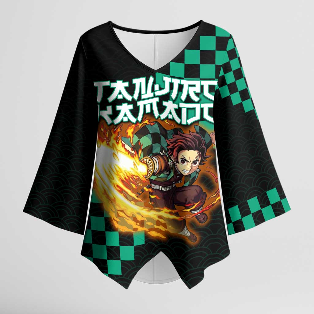 Tanjiro Kamado Demon Slayer Kimono Sleeve Blouse Fiery Checkered Anime Wave Style