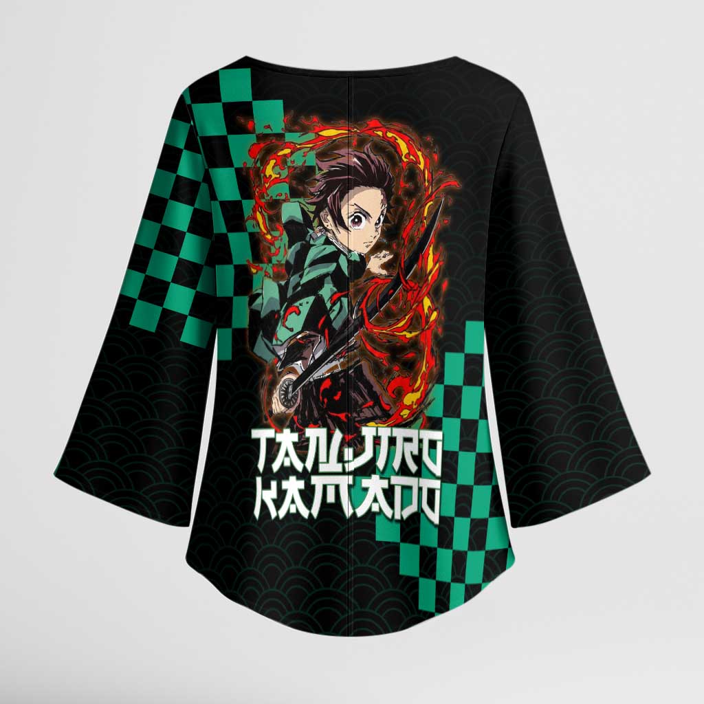 Tanjiro Kamado Demon Slayer Kimono Sleeve Blouse Fiery Checkered Anime Wave Style