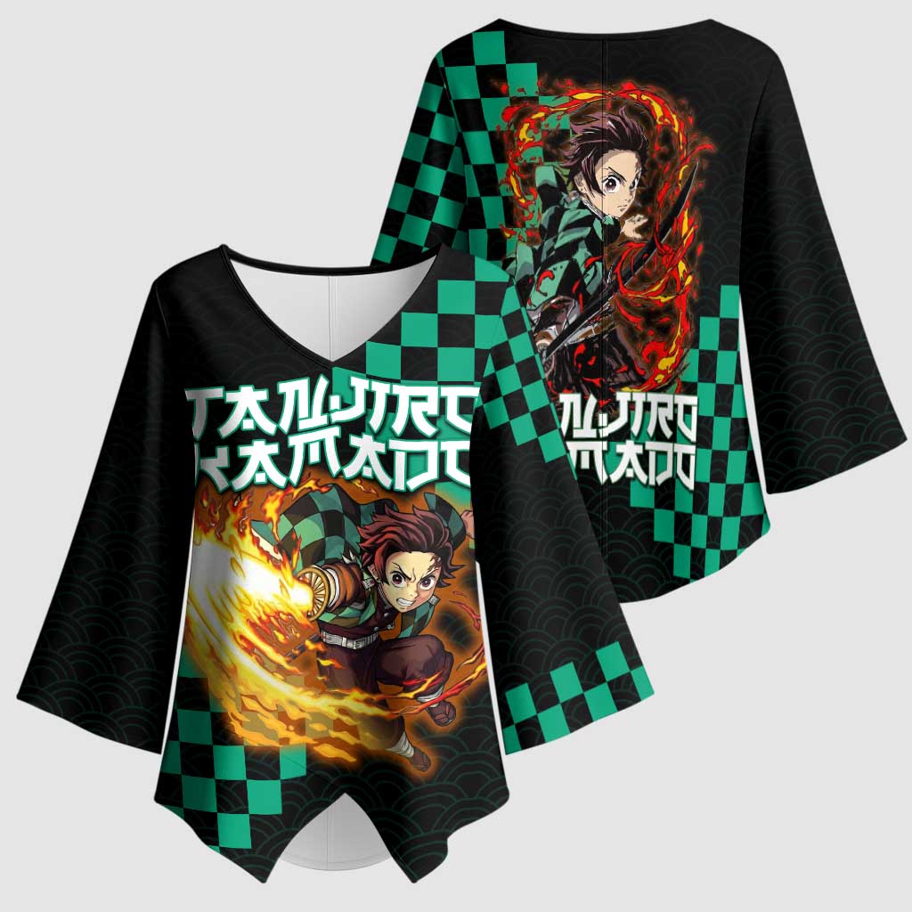Tanjiro Kamado Demon Slayer Kimono Sleeve Blouse Fiery Checkered Anime Wave Style