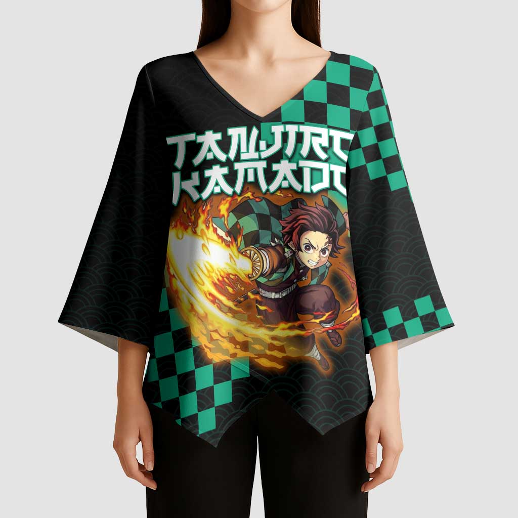 Tanjiro Kamado Demon Slayer Kimono Sleeve Blouse Fiery Checkered Anime Wave Style