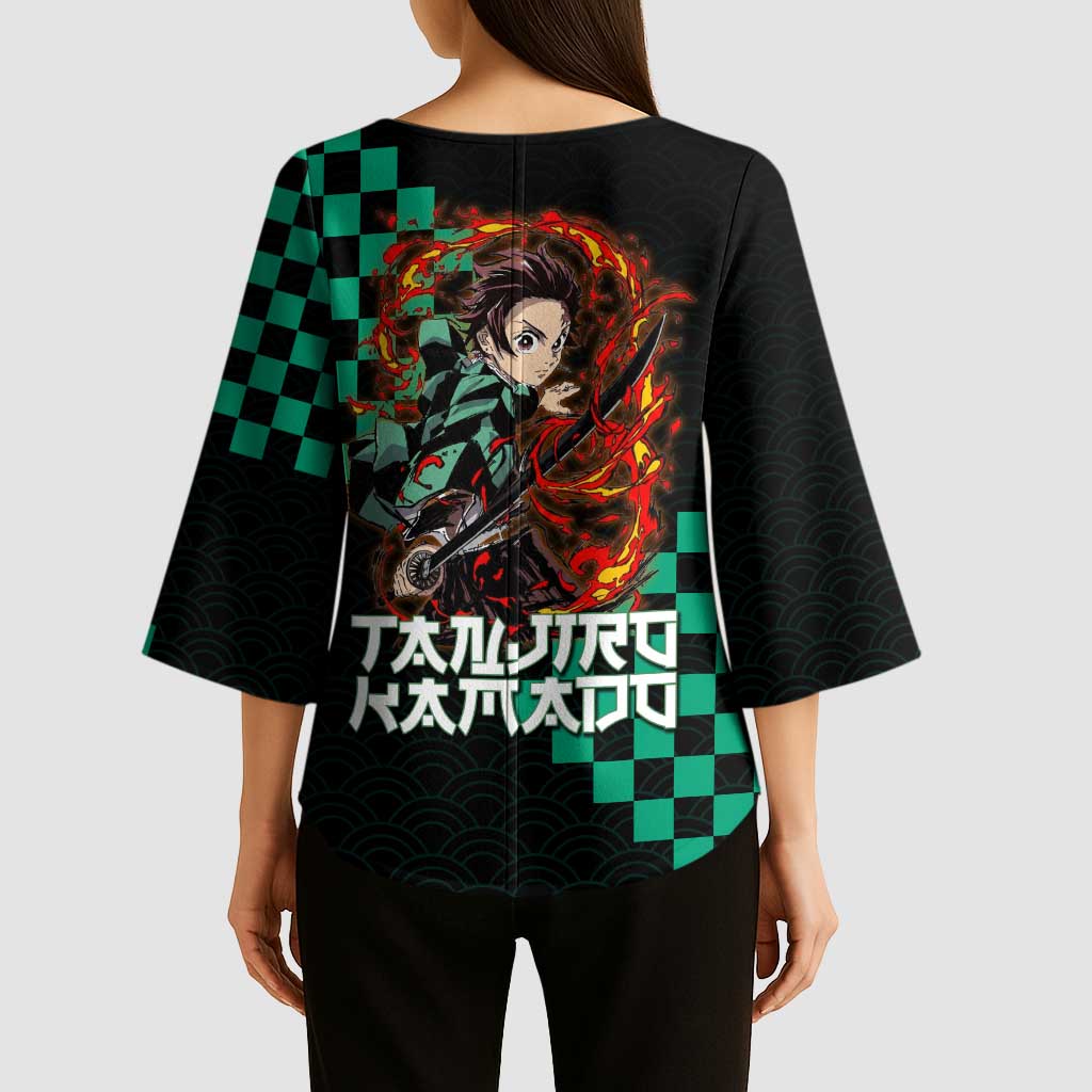 Tanjiro Kamado Demon Slayer Kimono Sleeve Blouse Fiery Checkered Anime Wave Style