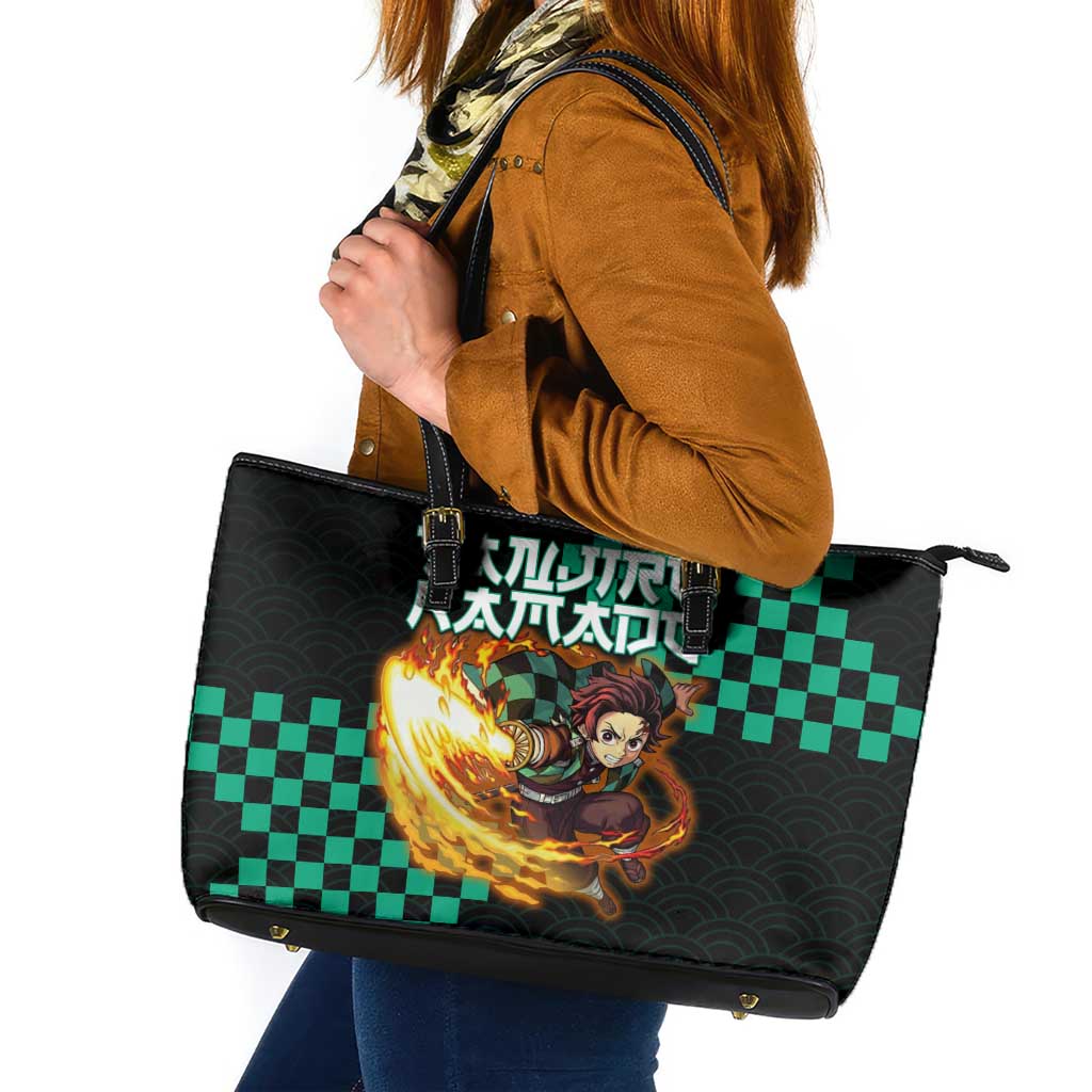 Tanjiro Kamado Demon Slayer Leather Tote Bag Fiery Checkered Anime Wave Style