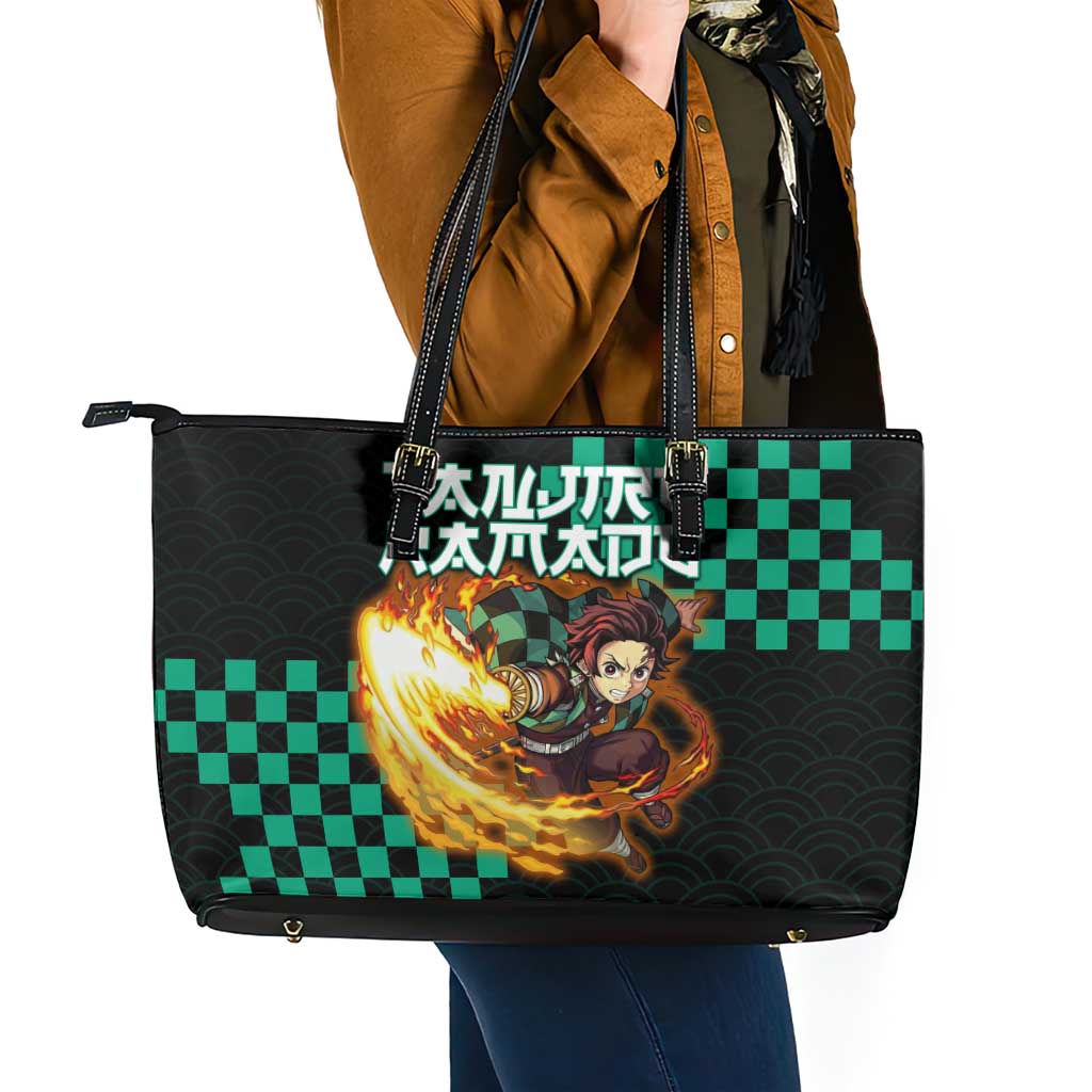 Tanjiro Kamado Demon Slayer Leather Tote Bag Fiery Checkered Anime Wave Style