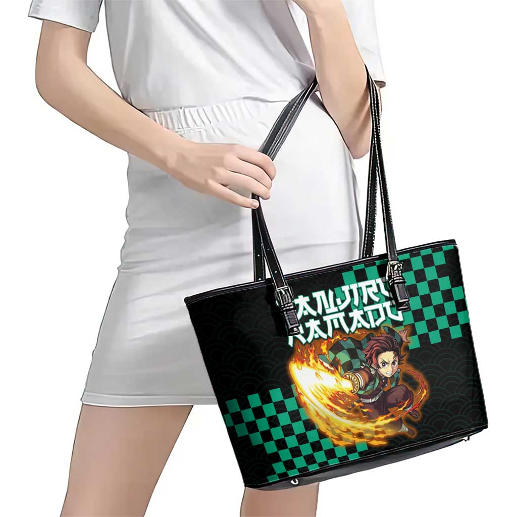 Tanjiro Kamado Demon Slayer Leather Tote Bag Fiery Checkered Anime Wave Style