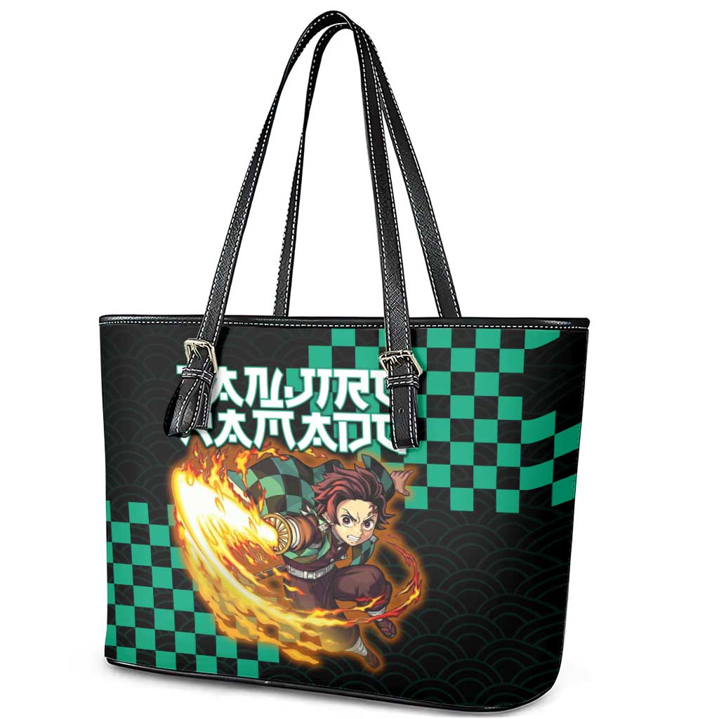 Tanjiro Kamado Demon Slayer Leather Tote Bag Fiery Checkered Anime Wave Style