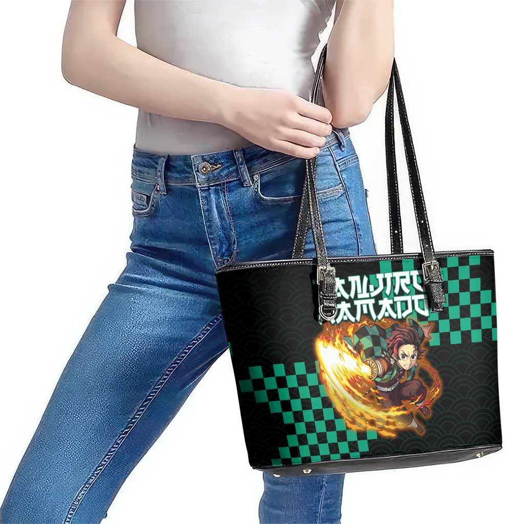 Tanjiro Kamado Demon Slayer Leather Tote Bag Fiery Checkered Anime Wave Style