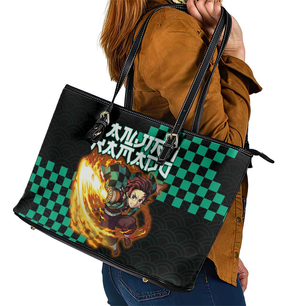 Tanjiro Kamado Demon Slayer Leather Tote Bag Fiery Checkered Anime Wave Style