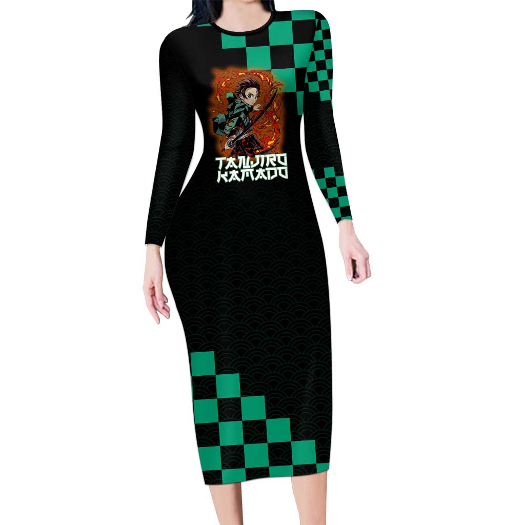 Tanjiro Kamado Demon Slayer Long Sleeve Bodycon Dress Fiery Checkered Anime Wave Style