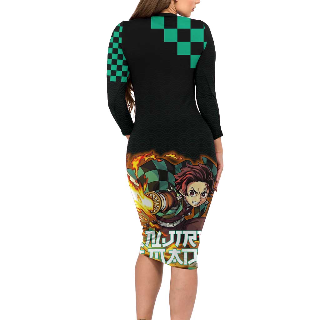 Tanjiro Kamado Demon Slayer Long Sleeve Bodycon Dress Fiery Checkered Anime Wave Style