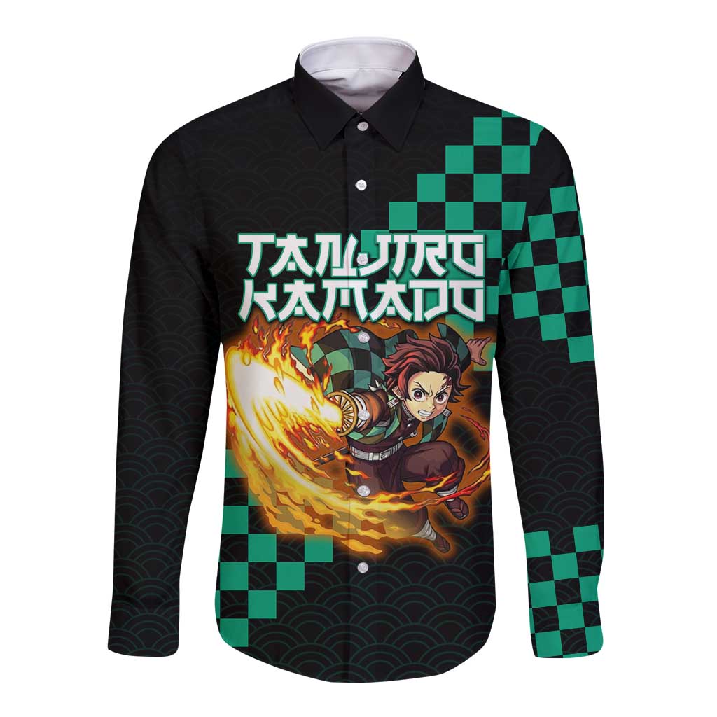 Tanjiro Kamado Demon Slayer Long Sleeve Button Shirt Fiery Checkered Anime Wave Style