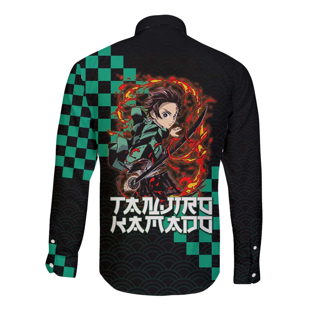Tanjiro Kamado Demon Slayer Long Sleeve Button Shirt Fiery Checkered Anime Wave Style
