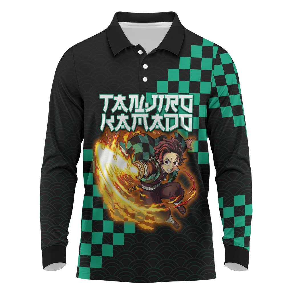 Tanjiro Kamado Demon Slayer Long Sleeve Polo Shirt Fiery Checkered Anime Wave Style
