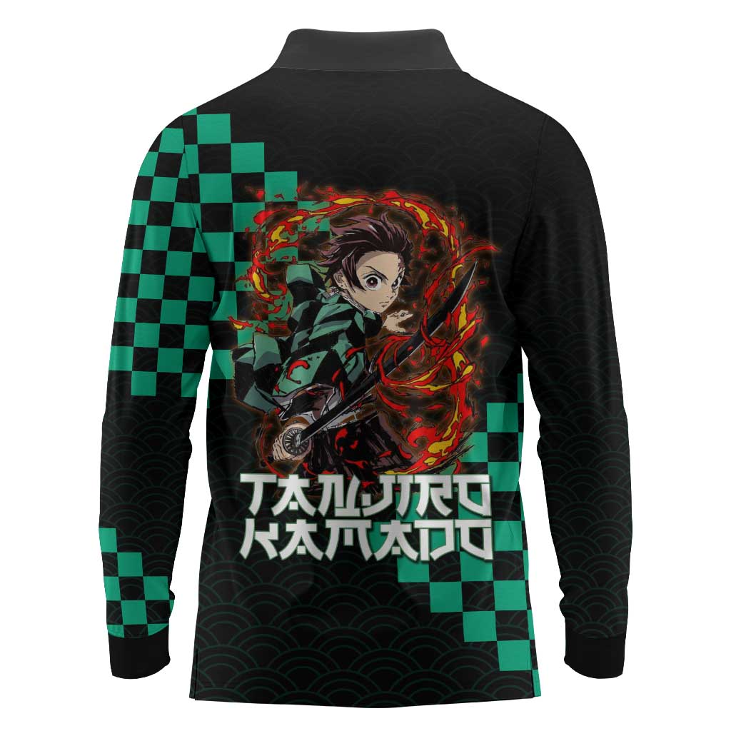 Tanjiro Kamado Demon Slayer Long Sleeve Polo Shirt Fiery Checkered Anime Wave Style