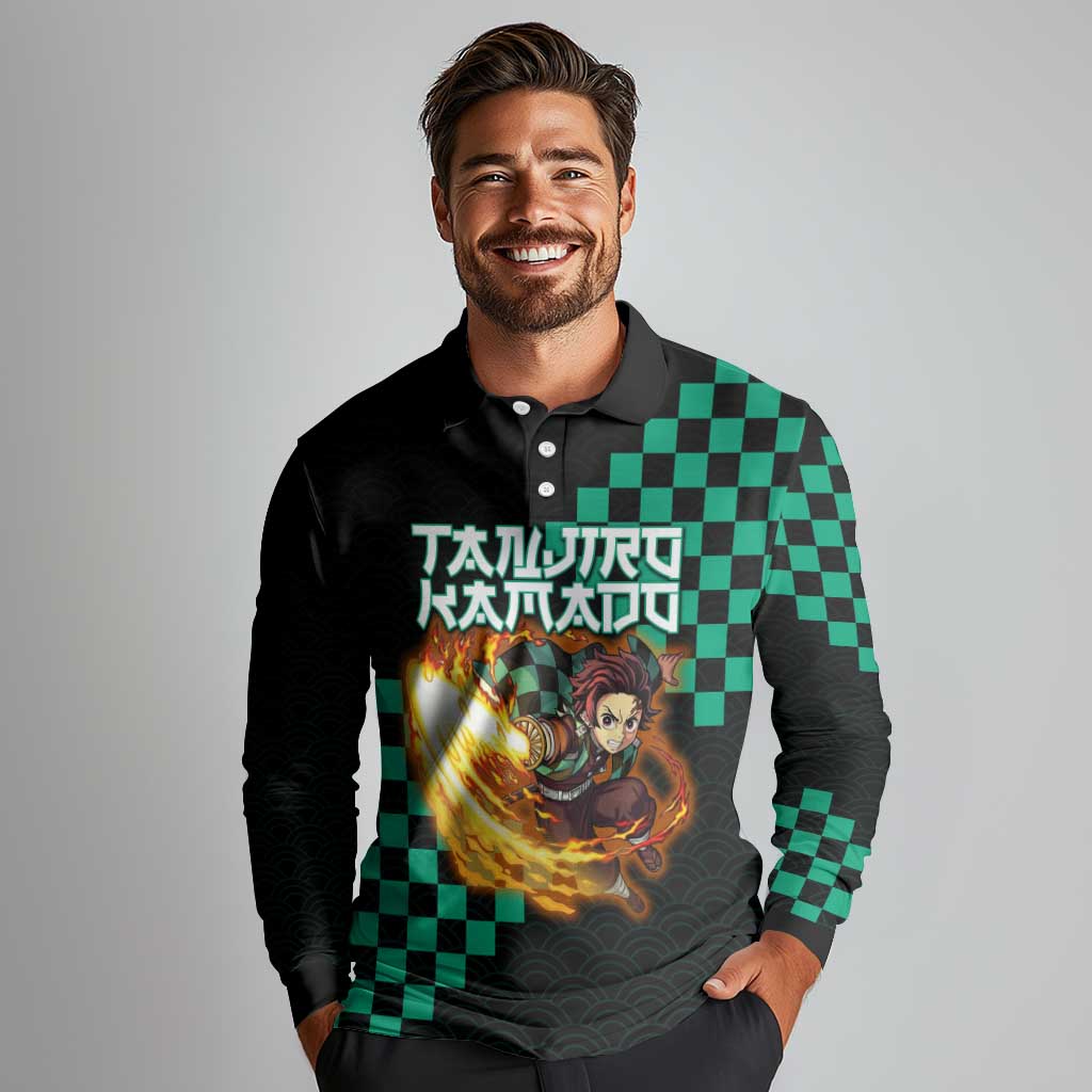 Tanjiro Kamado Demon Slayer Long Sleeve Polo Shirt Fiery Checkered Anime Wave Style