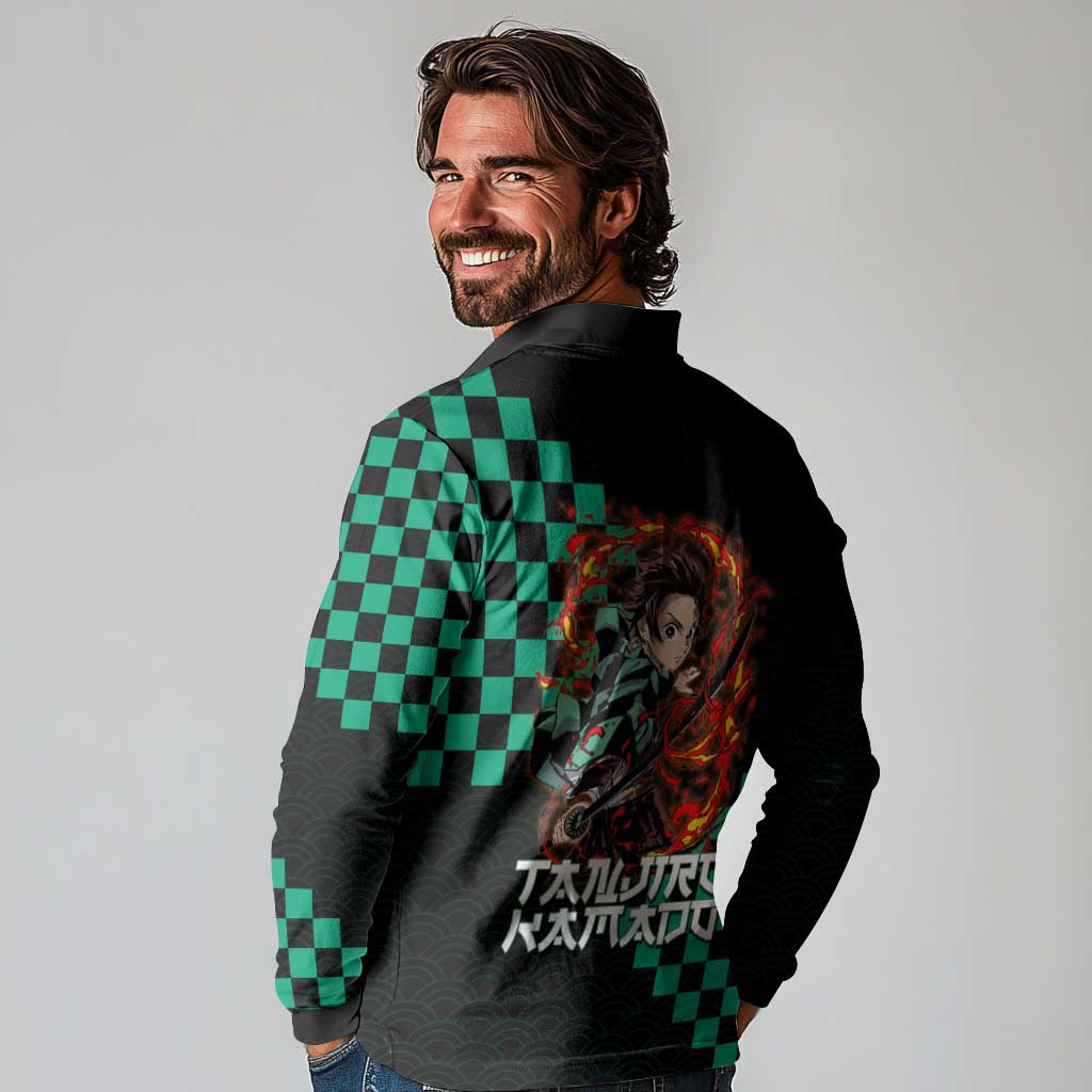 Tanjiro Kamado Demon Slayer Long Sleeve Polo Shirt Fiery Checkered Anime Wave Style