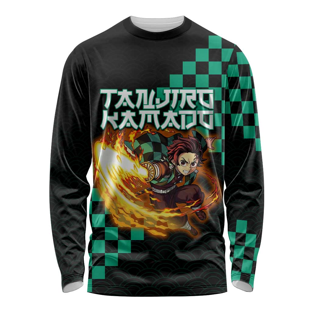 Tanjiro Kamado Demon Slayer Long Sleeve Shirt Fiery Checkered Anime Wave Style