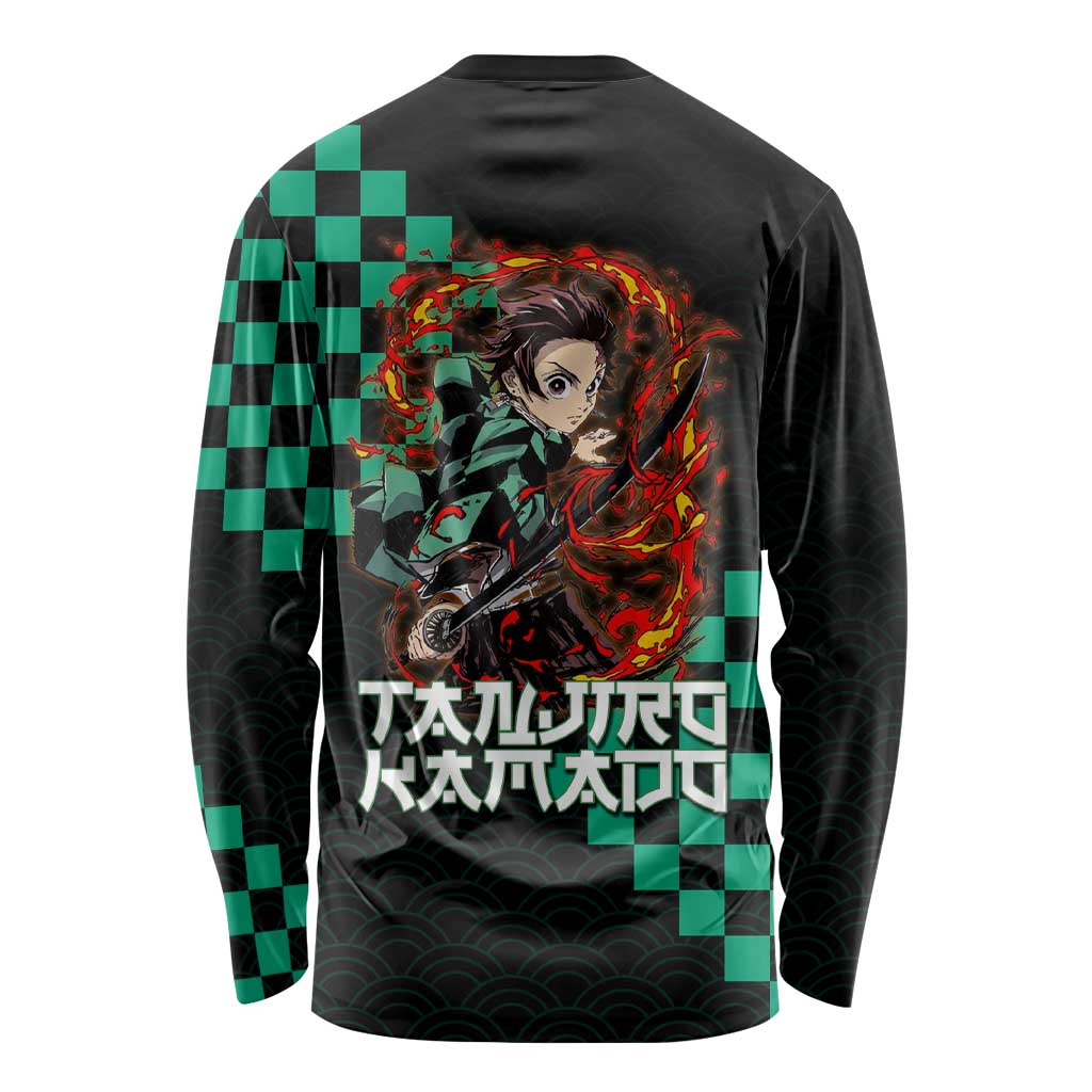 Tanjiro Kamado Demon Slayer Long Sleeve Shirt Fiery Checkered Anime Wave Style