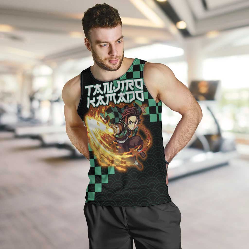 Tanjiro Kamado Demon Slayer Men Tank Top Fiery Checkered Anime Wave Style