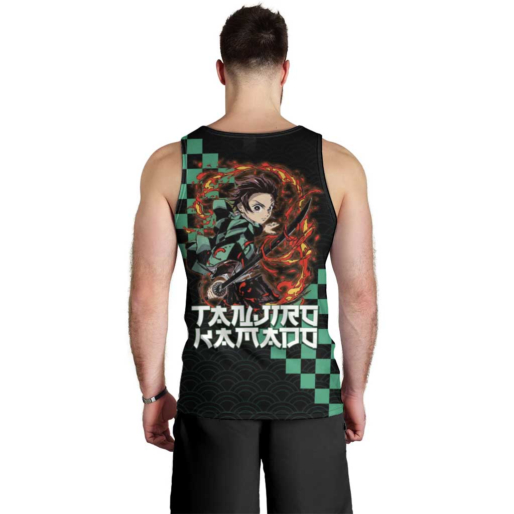 Tanjiro Kamado Demon Slayer Men Tank Top Fiery Checkered Anime Wave Style