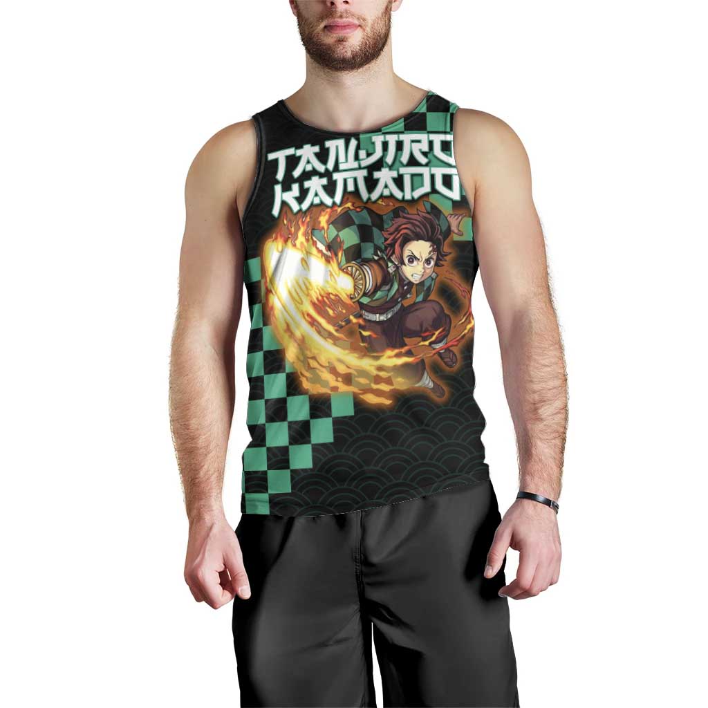 Tanjiro Kamado Demon Slayer Men Tank Top Fiery Checkered Anime Wave Style