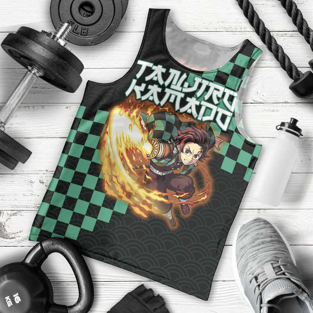 Tanjiro Kamado Demon Slayer Men Tank Top Fiery Checkered Anime Wave Style