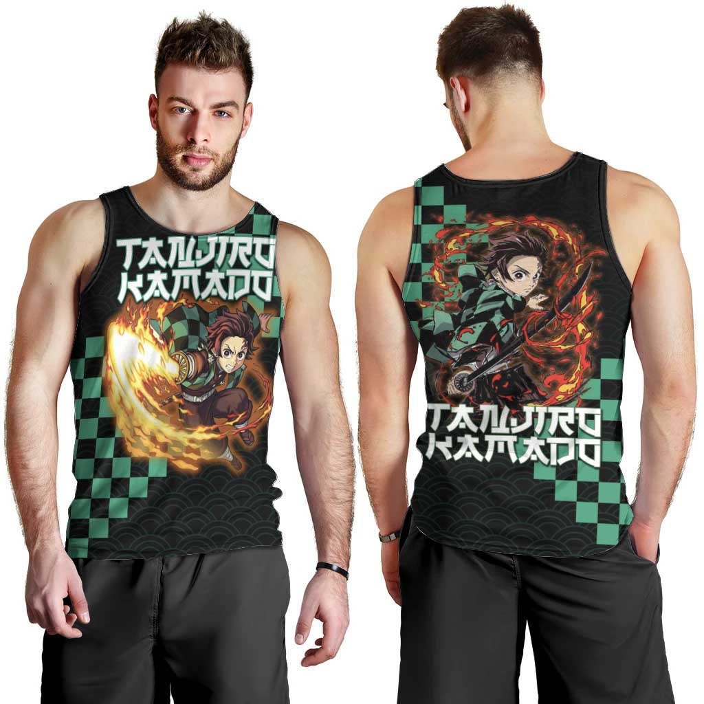 Tanjiro Kamado Demon Slayer Men Tank Top Fiery Checkered Anime Wave Style