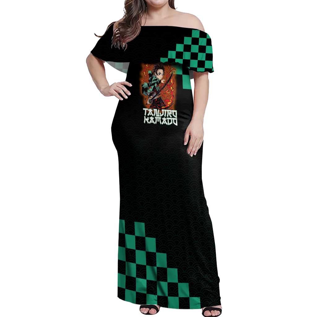 Tanjiro Kamado Demon Slayer Off Shoulder Maxi Dress Fiery Checkered Anime Wave Style